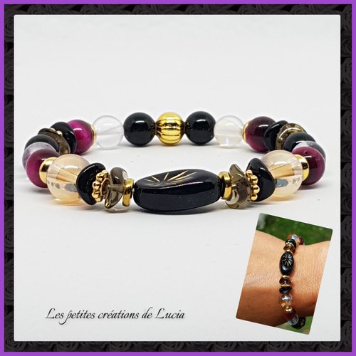 Bracelet chic sur élastique, noir, or et violine, perles naturelles, verre tchèque, acier inoxydable doré