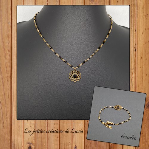 Parure noire et dorée composée d'un collier et d'un bracelet, acier inoxydable, pendentif fleur. d'autres couleurs disponibles
