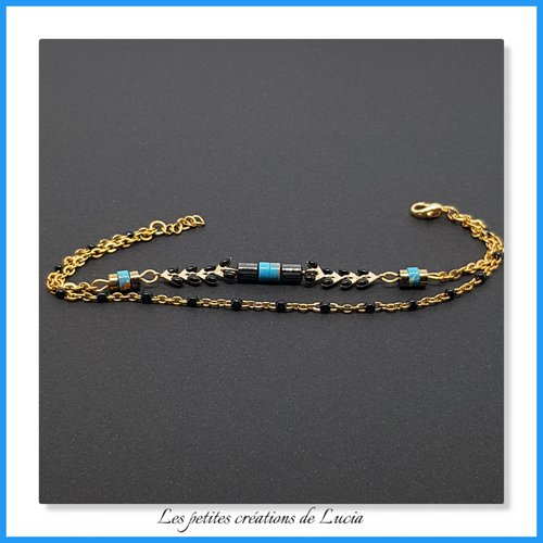 Bracelet 2 rangts, doré, noir et turquoise, acier inoxydable, chaîne épi, perles naturelles