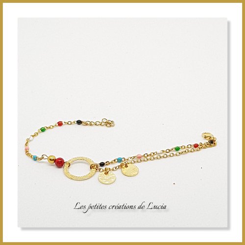 Bracelet sur chaînes en acier inoxydable doré, perles multicolores en résine, connecteur acier martelé, sequins