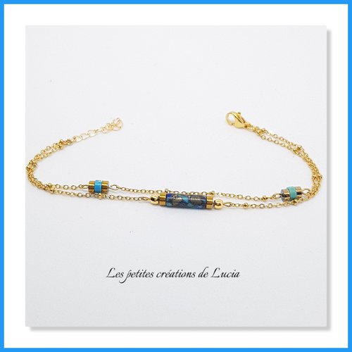 Bracelet sur chaîne en acier inoxydable, 2 rangts, perle tube lapis lazuli, turquoise