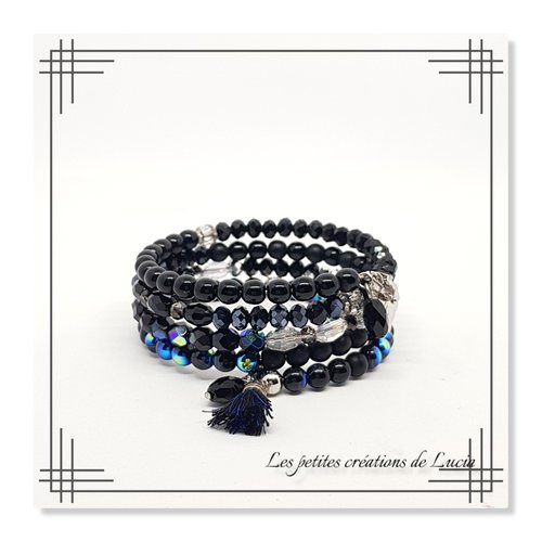 Bracelet noir à mémoire de forme, 4 tours, perles dtchèques, verre, acier inoxydable