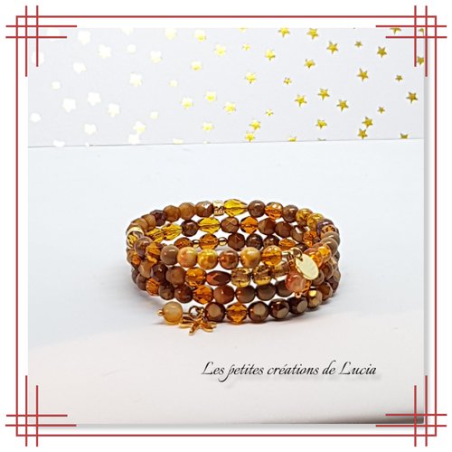 Bracelet à mémoire de forme, 3 tours, marron et doré, perles tchèques, acier inoxydable