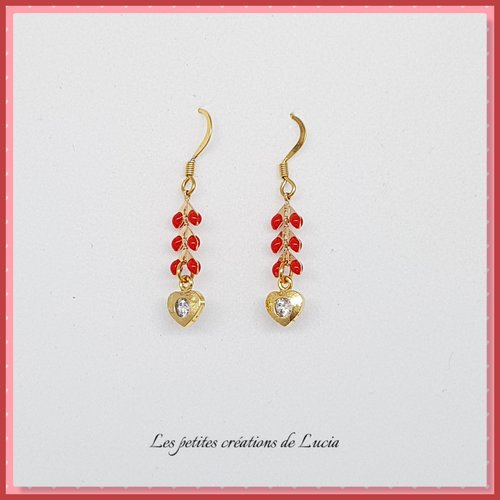 Boucles d'oreilles pendantes rouges, acier inoxydable, chaîne épi, breloque coeur plaquée or avec zircon