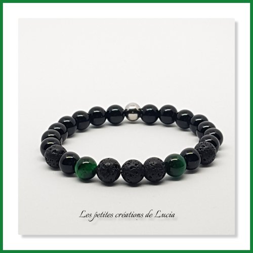 Bracelet homme sur fil élastique, perles naturelles noires, oeil de tigre vert