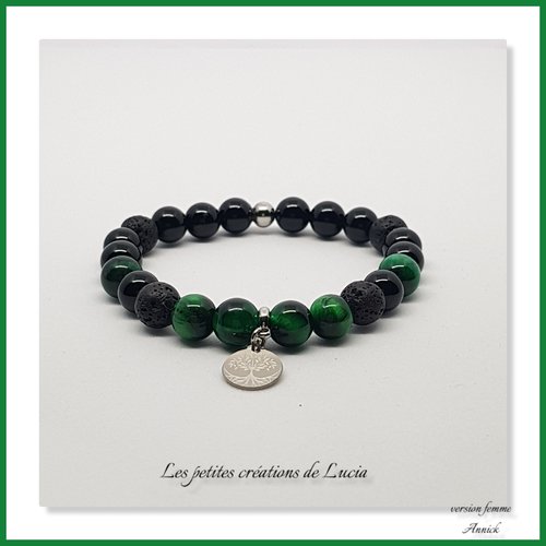 Bracelet noir et vert sur élastique, perles naturelles, acier inoxydable