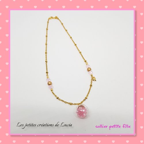 Collier petite fille sur chaîne en acier inoxydable, perles en verre roses et dorées, pendentif globe avec paillettes