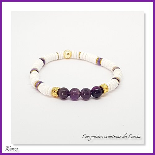 Plus en stock bracelet blanc et violet sur élastique, perles heishi coquillages, perles naturelles