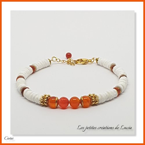 Bracelet blanc et orange, perles heishi coquillages, perles naturelles, plaqué or