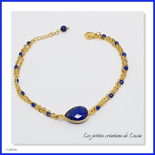 Bracelet femme, bleu et or, acier inoxydable, lapis-lazuli