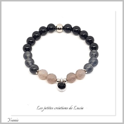 Bracelet sur élastique, perles naturelles, noir, gris, acier inoxydable argenté