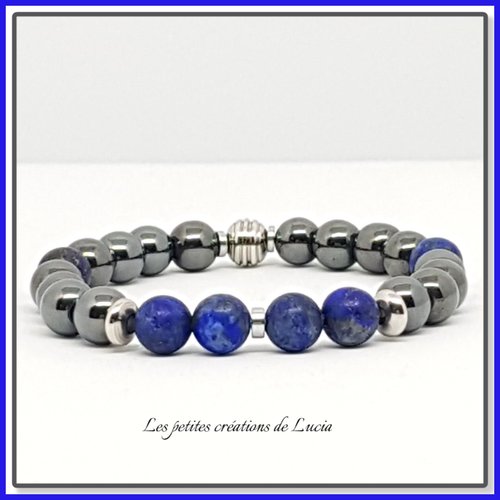 Bracelet homme, noir et bleu, hématites, lapis-lazuli