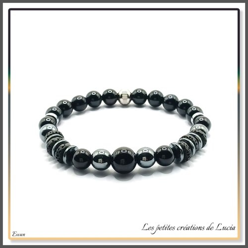 Bracelet homme, sur élastique, noir, perles naturelles