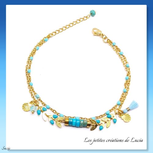 Bracelet femme bleu, perles agates heishi, chaîne épi, sur 2 chaînes, breloques