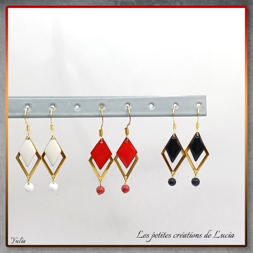 Boucles d'oreilles pendantes, acier inoxydable doré, perles émaillées triangulaires, perles naturelles