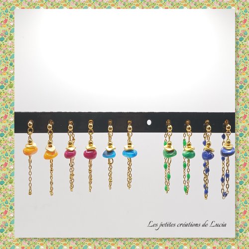 Boucles d'oreilles pendantes, en acier inoxydable et placé or, coquillages d'eau douce, multicolores