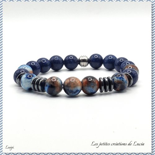 Bracelet homme, perles naturelles bleues et marron, sur élastique,