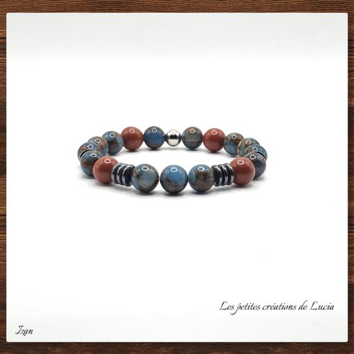 Bracelet homme, bleu et marron, perles naturelles, sur élastique