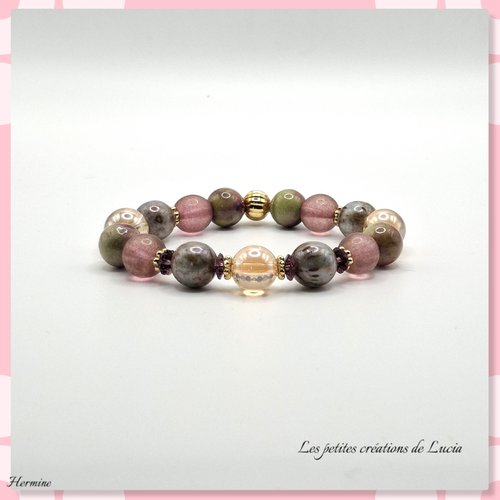 Plus en stock bracelet femme sur élastique, rose violine et doré, perles naturelles, perles tchèques
