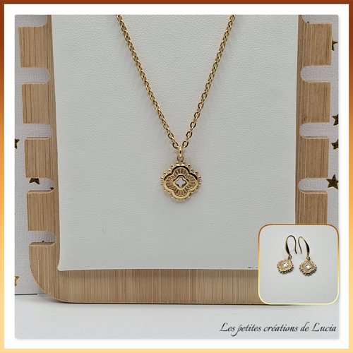 Collier sur chaîne en acier inoxydable, trèfle acier et nacre