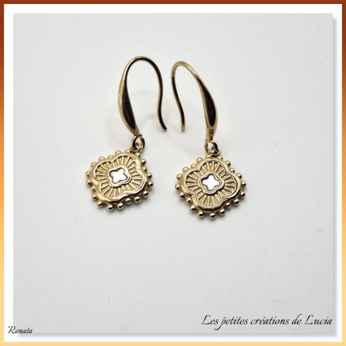 Boucles d'oreilles pendantes en acier, breloques trèfle acier et nacre