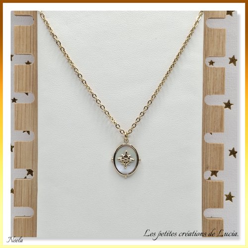 Collier sur chaîne en acier inoxydable, pendentif en acier et nacre