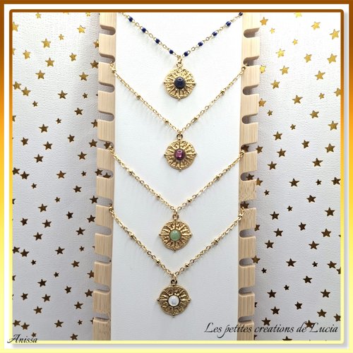 Collier sur chaîne en acier inoxydable, pendentif soleil acier avec cabochon