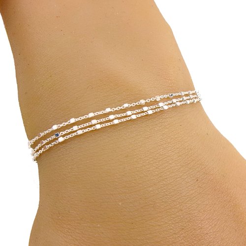 Bracelet triple rang argent 925, chaîne forçat perles carrées, bracelet multi chaines, cadeau pour femme
