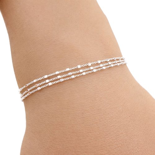 Bracelet triple rang argent 925, chaîne forçat perles carrées, bracelet multi chaines, cadeau pour femme