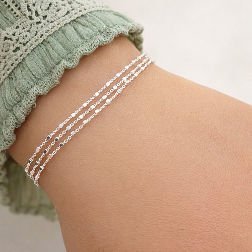 Bracelet triple rang argent 925, chaîne forçat perles carrées, bracelet multi chaines, cadeau pour femme