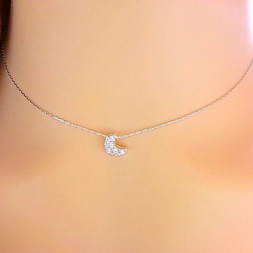 Collier demi lune argent massif, ras de cou diamant, bijoux à offrir