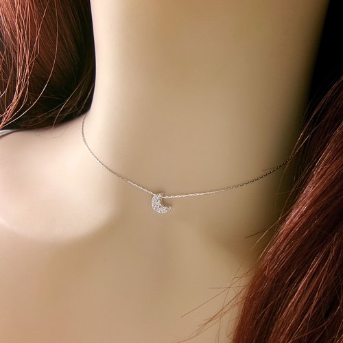 Collier lune zircon en argent, ras de cou diamant, collier minimaliste, cadeau anniversaire femme