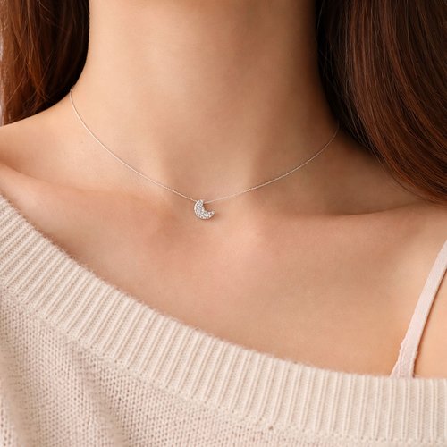 Collier lune étincelante argent 925 massif - ras de cou zirconium brillant - bijou minimaliste