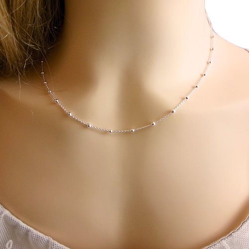 Collier minimaliste chaine perlée en argent 925, chaîne satellite, idée cadeau pour femme