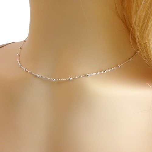 Collier minimaliste chaine perlée en argent 925, chaîne satellite, idée cadeau pour femme