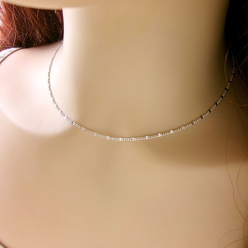 Collier perles plates en argent massif, ras de cou fin original, cadeau anniversaire femme