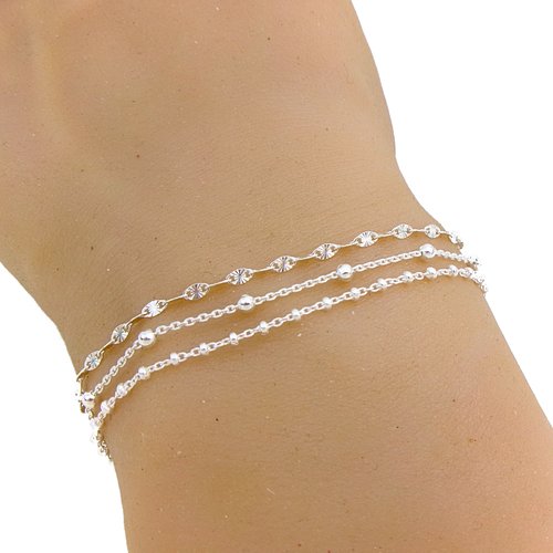 Ensemble de bracelets en argent, chaine perlée, chaine soleil, lot bijoux femme, cadeau pour elle