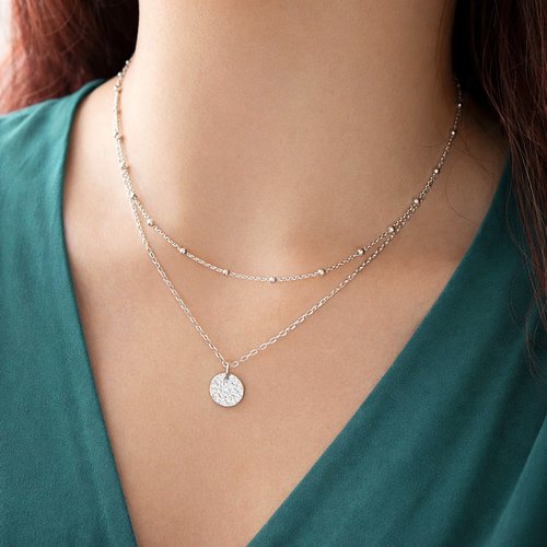 Lot de 2 colliers superposés en argent 925 chaîne perlée et médaille martelée