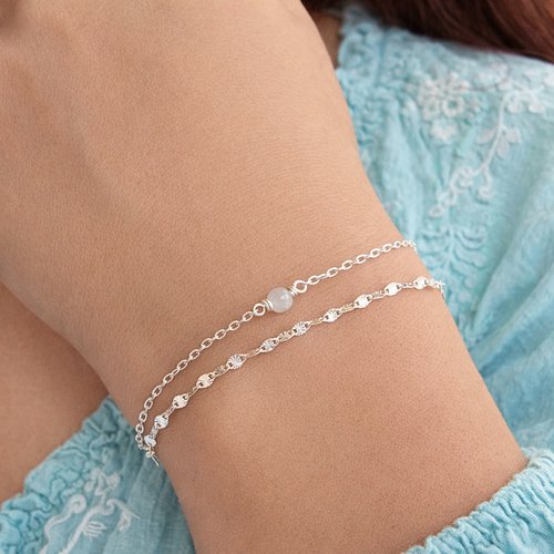 Bracelet deux rangs en argent 925 - oeil de chat, chaine soleil - réglable 15-18 cm
