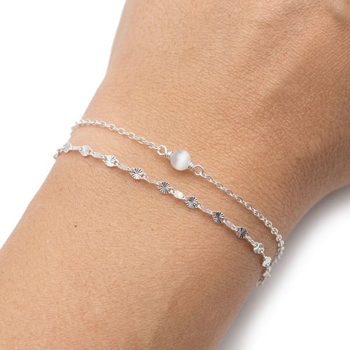 Bracelet deux rangs en argent 925 - oeil de chat, chaine soleil - réglable 15-18 cm