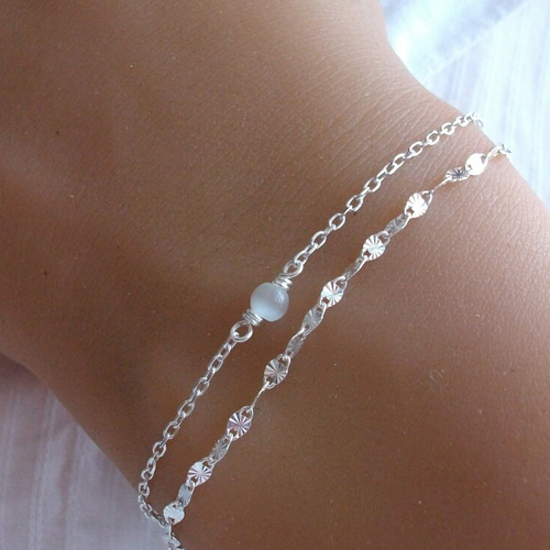Bracelet multi chaine - argent - perle blanche - oeil de chat - bracelet 2 chaines