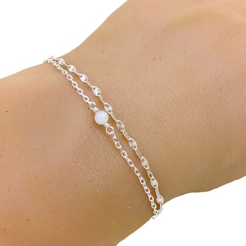 Bracelet double chaîne en argent pour femme avec perle œil de chat, chaine soleil, réglable, cadeau anniversaire femme