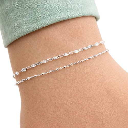 Lot de 2 bracelets fins en argent 925 chaîne perlée et soleil