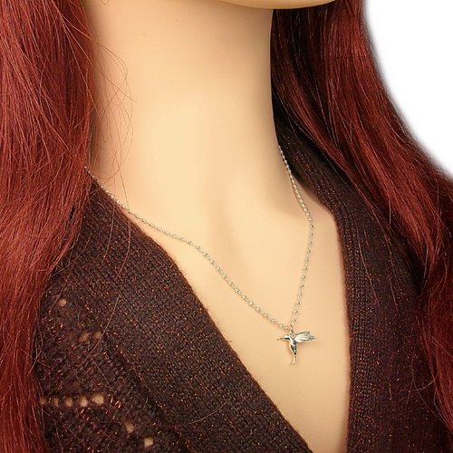 Collier pendentif colibri en argent 925, chaîne perlée, oiseau bijou, cadeau pour elle