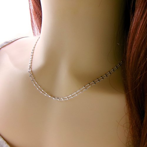 Collier double rang en argent chaîne perles carrées, ajustable, bijoux à offrir, cadeau pour elle