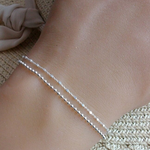 Bracelet multichaine argent - fin - bracelet 2 chaines - chaine perlée - petites perles carrées - maille boule