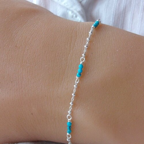 Bracelet turquoise et argent - bracelet chaine et petites perles - argent 925 - maille boule - style bohème - idée cadeau femme fille