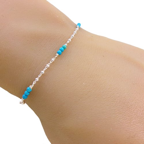 Bracelet en argent avec perles turquoise, chaîne perlée, cadeau anniversaire femme
