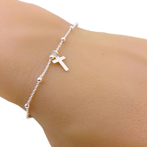 Bracelet croix femme en argent 925 – breloque petite croix – chaîne boule satellite – bijou religieux chic