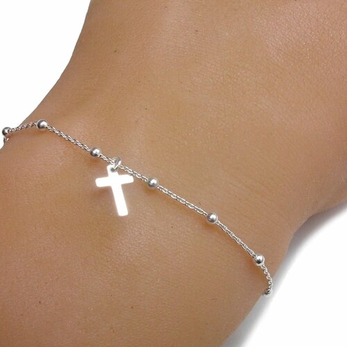 Bracelet croix - argent - bijou religieux - chaîne perlée - satellite - bracelet fin